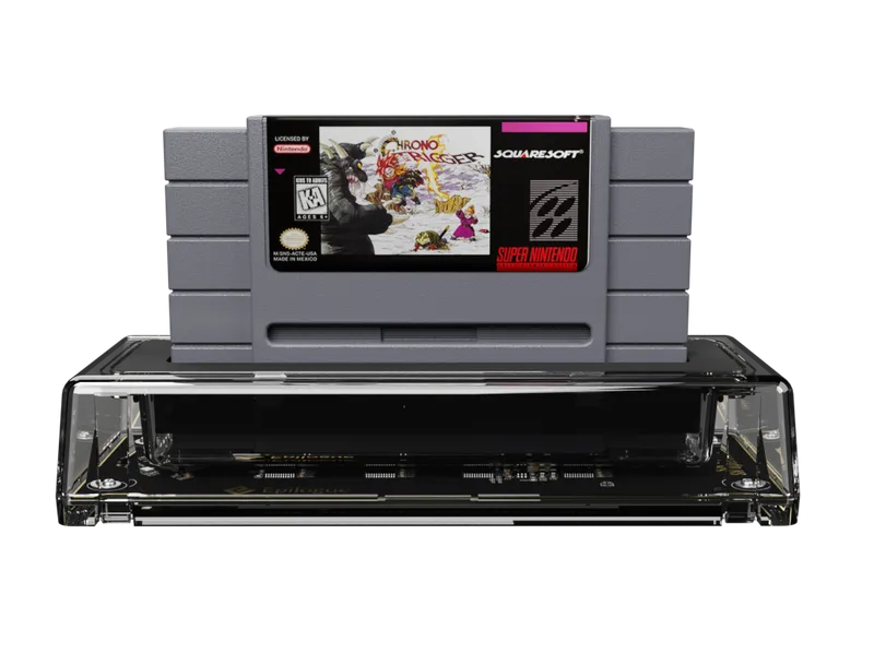 Chrono Trigger SNES cartridge connected to the SN Operator