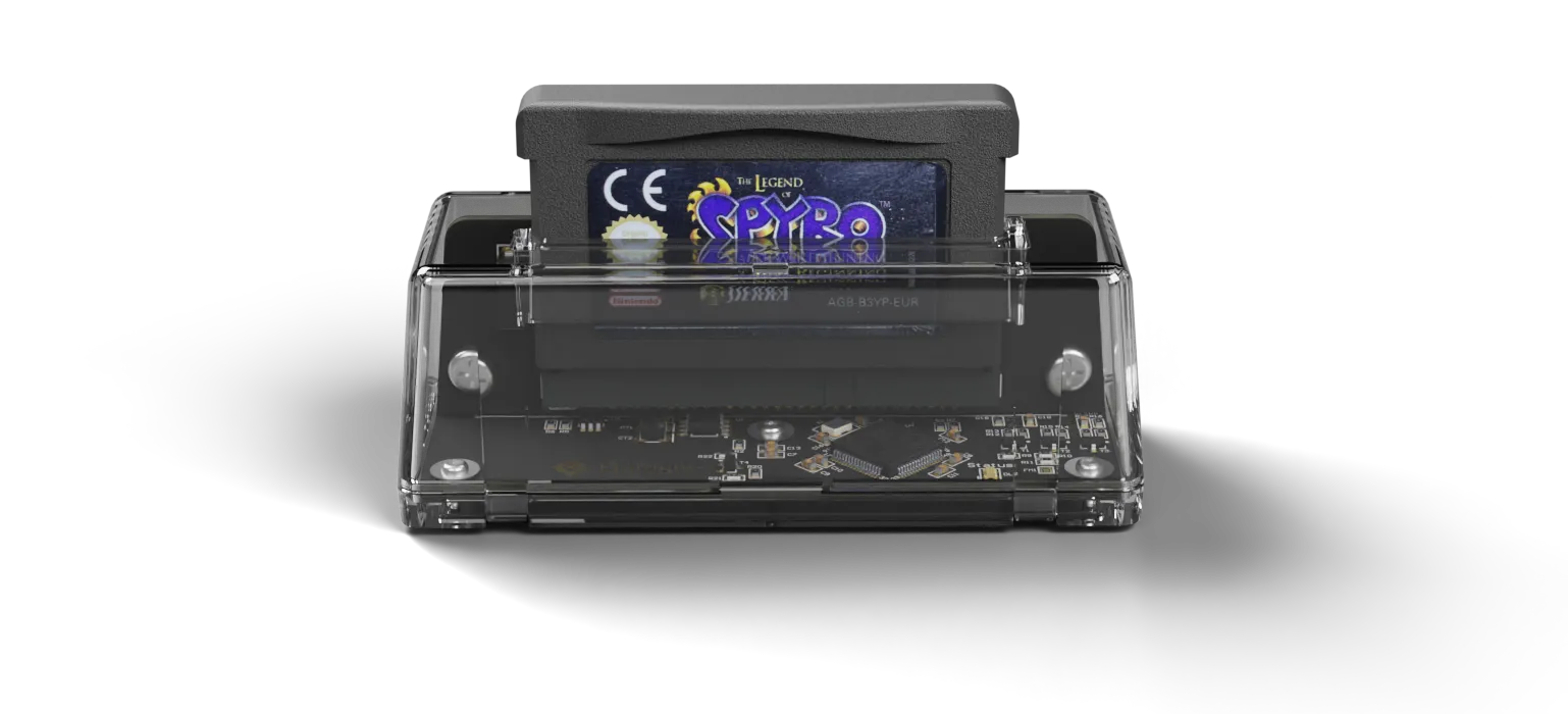 GB Operator with Spyro cartridge showing the device's robust construction and cartridge interface